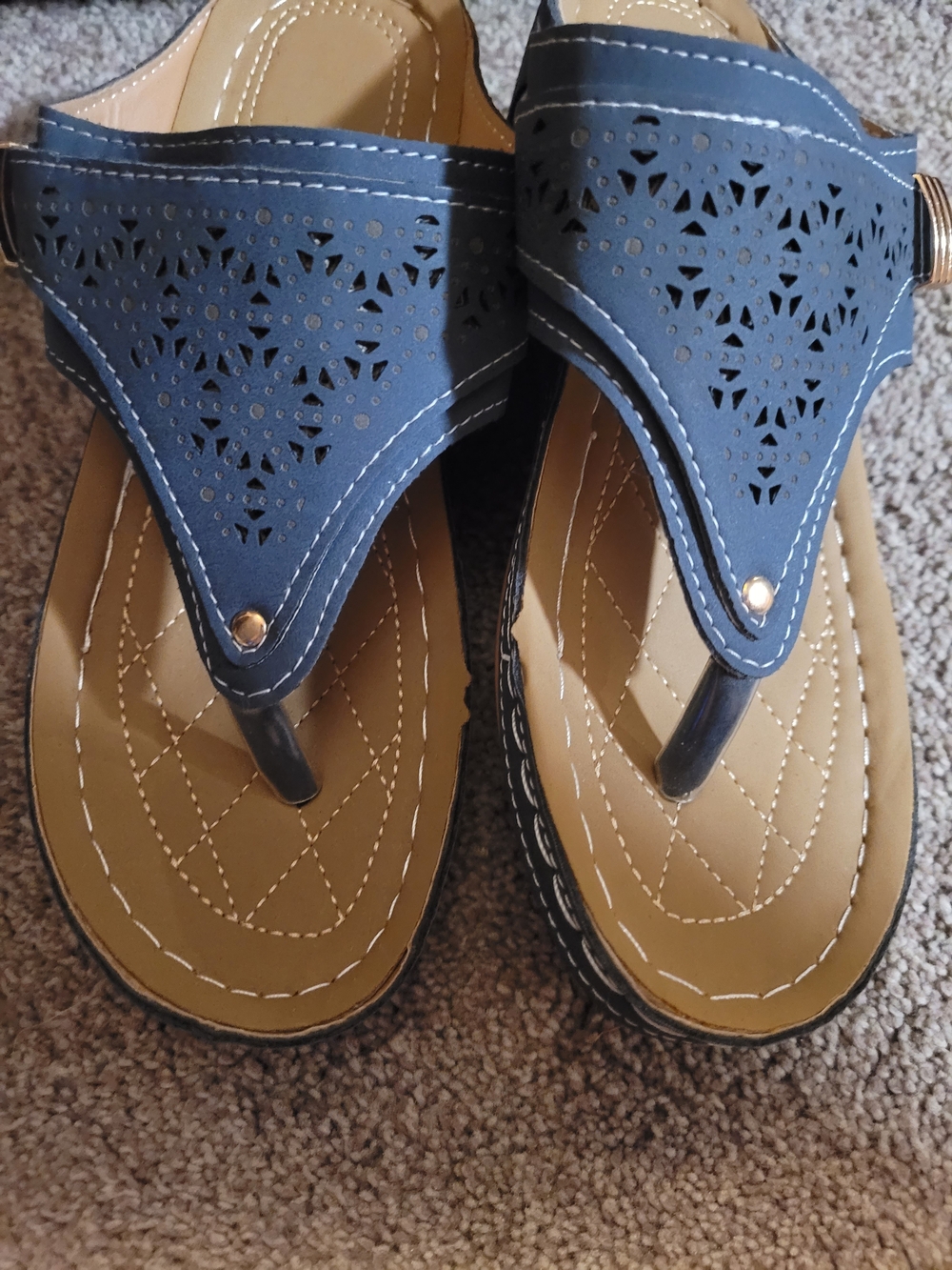 Women's Navy Laser-Cut Thong Sandals with Quilted Footbed